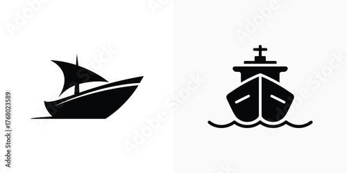 Black Boat Icon, Sailboat Silhouette And Container Ship Icon Isolated On White