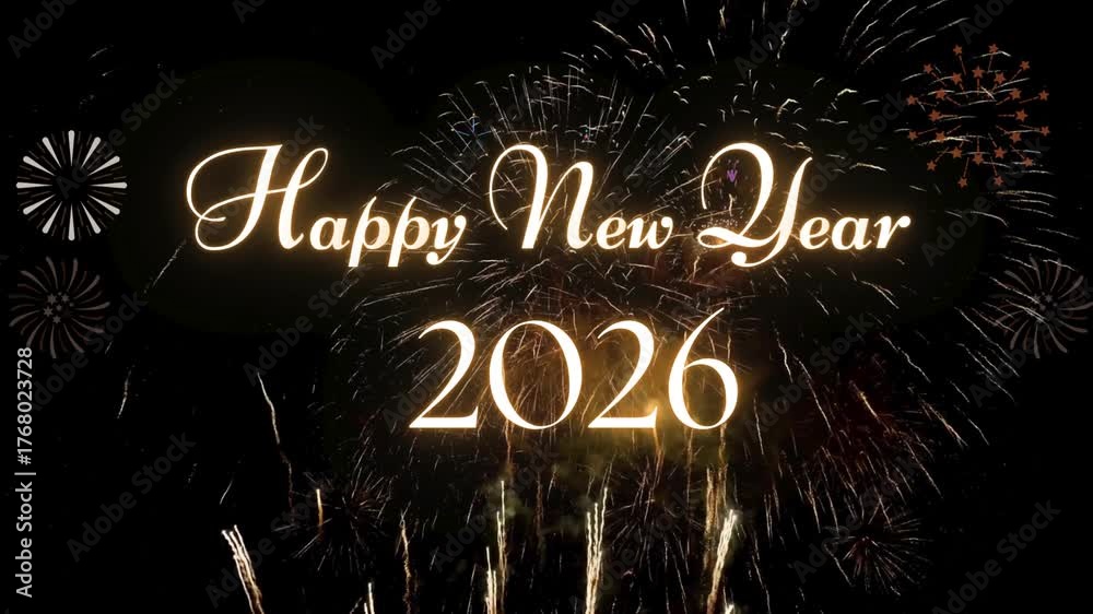 Elegant Happy New Year 2026 video with gold text and glowing fireworks. Perfect for social media greetings, promotional videos, and celebration content.