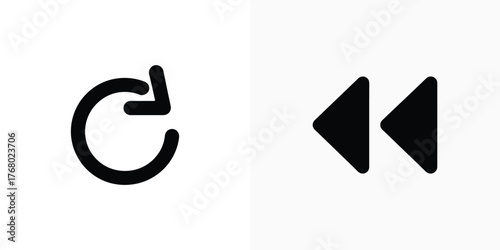 Black Retry Arrow Icon and Fast Rewind Icon Set on White Background