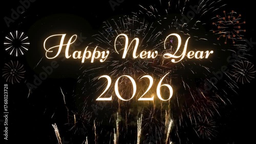 Elegant Happy New Year 2026 video with gold text and glowing fireworks. Perfect for social media greetings, promotional videos, and celebration content.