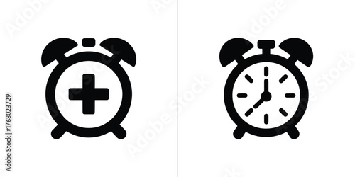 Black Silhouette Alarm Clocks with Plus Sign and Clock Face Time Isolated