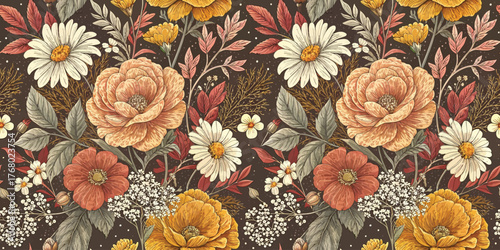 Vibrant floral pattern featuring lush blooms in warm tones on a dark backdrop.