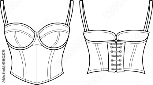 Corset top fashion technical flat sketch, front and back view, lingerie garment design, cad drawing flat vector illustration