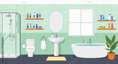 Modern bathroom interior design concept with furniture like a bathtub, shower, sink, and toilet. Clean cozy restroom flat vector illustration