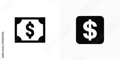 Dollar Symbol on Money Bill and Square Button in Black and White Icons