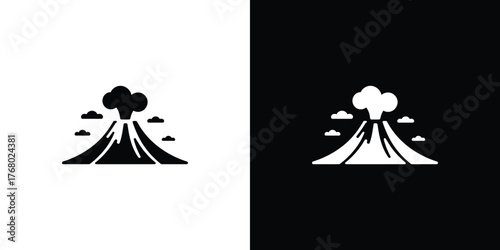 Dual Volcano Icon Set Erupting Mountain, Clouds, White on Black and Transparent