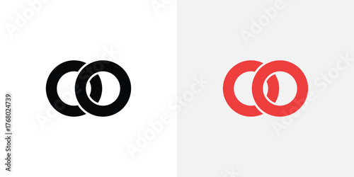Interlocking Rings Design, Geometric Icon, Two Circles, Red and Black Shapes, Minimalist