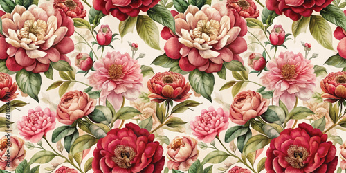 A vibrant floral pattern featuring rich red and pink flowers with lush green leaves, perfect for home decor.