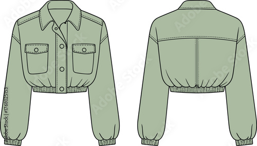 Cropped jacket technical flat sketch, button front, chest pockets, elastic hem, casual streetwear fashion, cad drawing flat vector illustration