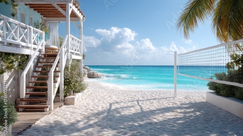 Bright Tropical Beach Volleyball Court Beside White Building With Wooden Stairs Facing The Turquoise Ocean Under Clear Blue Sky With Palm Tree Foliage