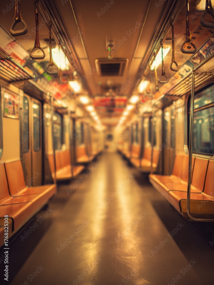 Fototapeta premium Empty Subway Interior at Night With Warm Lights and Long Rows of Seats Creating a Serene Atmosphere