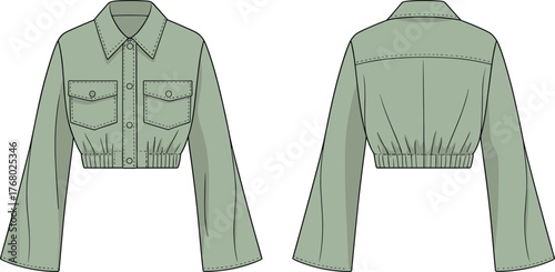 Cropped jacket technical flat sketch, fashion CAD drawing, vector illustration, apparel design template, front back construction view