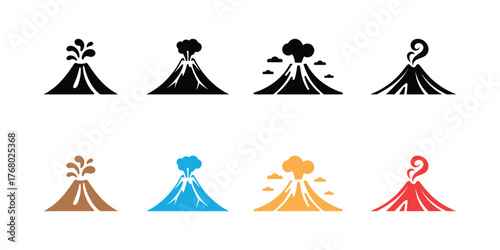 Volcano Eruption Set with Lava, Ash Clouds, Smoke, Geology Icon Collection