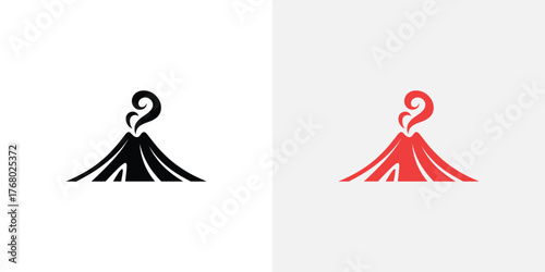 Volcano Icon Black Volcano with Smoke, Red Volcano on White Background, Volcano Set