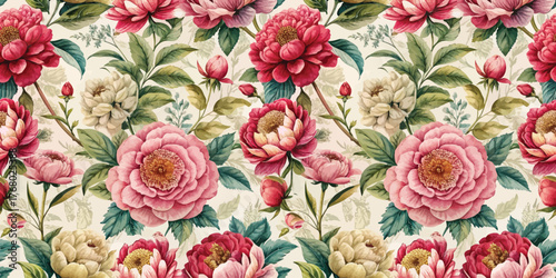Vibrant floral pattern featuring peonies and roses in shades of pink and red with lush green leaves.