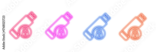 Neon glowing USB flash drive with radiation symbol vector icons set, data security threat, digital hazard, computer virus, malware, cybersecurity warning, vibrant colorful digital design. 