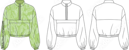Cropped zipper jacket fashion flat sketch, high collar outerwear, long sleeve design, technical apparel CAD drawing illustration