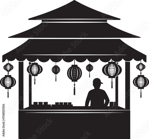 Illustration of a Chinese street food stall with a silhouette of a vendor.