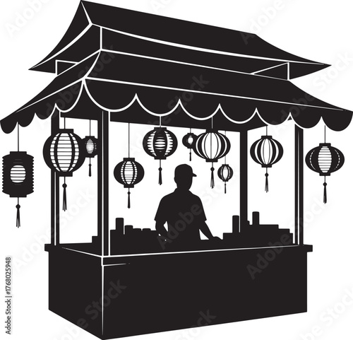 Illustration of a Chinese street food stall with a silhouette of a vendor.