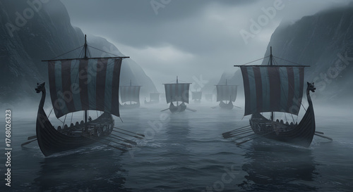 Viking Ship Sailing in Foggy Mist, Norse Ancient Vessel Epic Dramatic Photography
