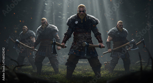 Viking Warriors Group Battle Scene, Norse Medieval Army Combat Epic Photography