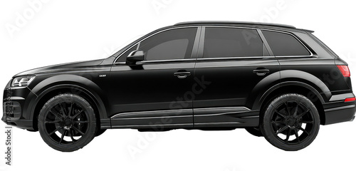 Sleek, black SUV with dark tinted windows shown from the side profile on a plain black background