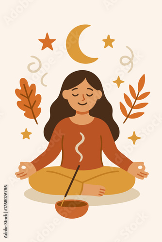 Girl meditating with incense under moon and stars