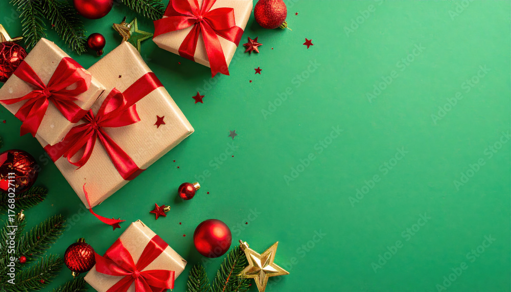 Fototapeta premium Christmas Eve concept. Top view photo of gift boxes with ribbon bows green red baubles gold star ornaments and pine branches on isolated green background with copyspace in the middle