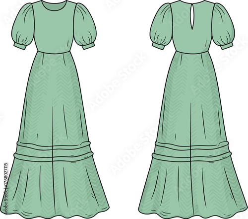 Elegant long dress fashion flat sketch, puff sleeve gown, tiered skirt, technical apparel CAD drawing illustration