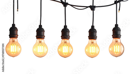 Five warm-glowing light bulbs hang from a black cable against a dark background, illuminating the scene