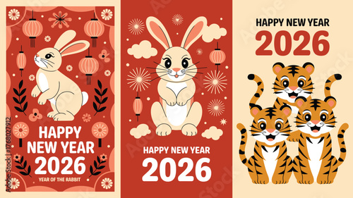 Year of the Rabbit and Tiger 2026 Happy New Year, Celebration Illustration