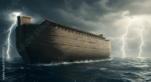 Noah's Ark on Stormy Ocean Dramatic Scene, Biblical Story Religious Concept Photography