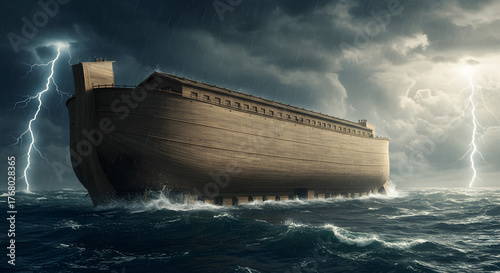 Noah's Ark on Stormy Ocean Dramatic Scene, Biblical Story Religious Concept Photography