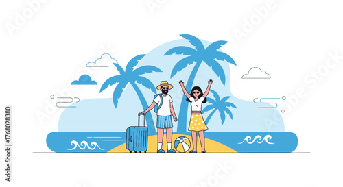 Cheerful couple arriving on a tropical beach vacation with palm trees and turquoise ocean happy