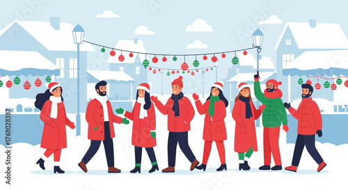 Cheerful group enjoying a festive winter day in a charming snow covered town decorated for christmas