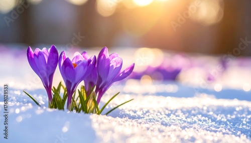 Purple crocuses blooming in snow with a warm golden sunlight shining