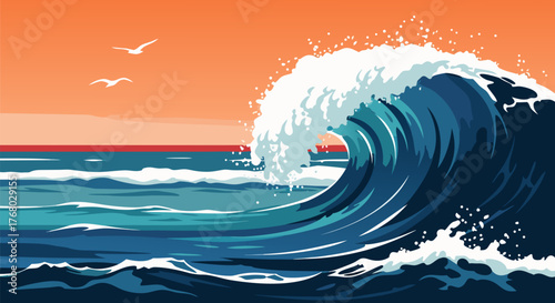 A powerful blue ocean wave crests and crashes in the sea against a warm orange sunset sky, a dynamic and beautiful vector illustration