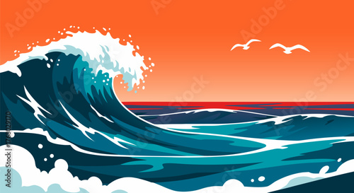 Dynamic illustration of a powerful ocean wave crashing under a vibrant orange sky, with gulls flying above, depicting the majestic force of nature at dusk