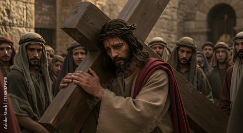 Jesus Christ Carrying Cross Via Crucis, Passion of Christ Religious Dramatic Photography
