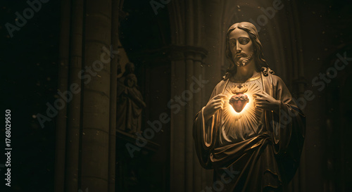 Jesus Christ Sacred Heart Glowing Divine Light, Christian Religious Spiritual Concept Photography