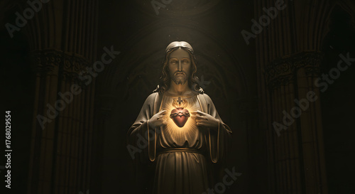 Jesus Christ Sacred Heart Glowing Divine Light, Christian Religious Spiritual Concept Photography