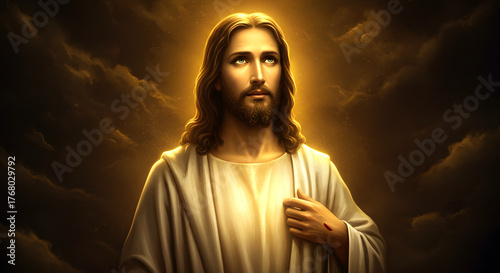 Jesus Christ Resurrection Golden Light Dramatic Portrait, Christian Faith Religious Concept Photography