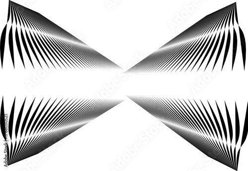 Abstract black geometric pattern with converging lines creating a symmetrical optical illusion on a white background, symbolizing energy, depth, and motion.