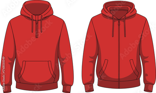 Red pullover hoodie and zip up sweatshirt, fashion flat sketch, casual wear, apparel design, vector illustration