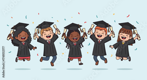 Cute Cartoon Kids Graduation Vector: Diverse Children Jumping with Diplomas