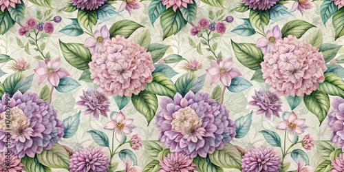 Elegant floral pattern featuring purple and pink flowers on a soft background.