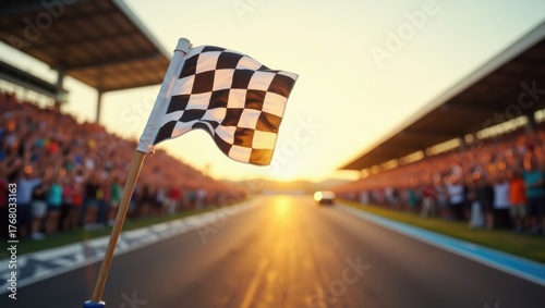 Checkered Flag Waving at Sunset Race Track Grandstand Crowd Cheering Victory