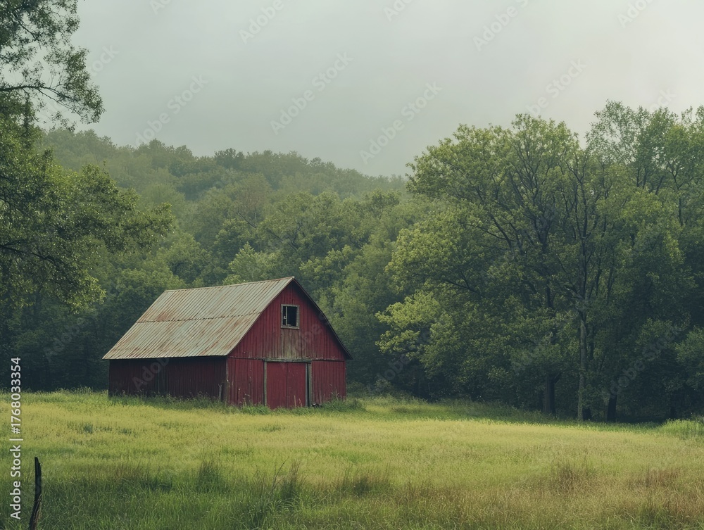 Fototapeta premium Rustic Red Barn for Misty Green Field.