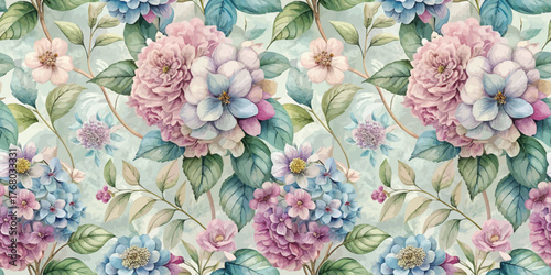 A vibrant floral pattern featuring pink and blue hydrangeas and delicate leaves, creating a serene atmosphere.