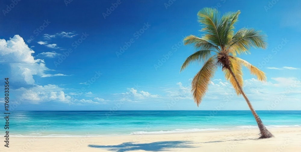 Obraz premium Tranquil tropical beach scene with a single leaning palm tree casting shadow on white sand under a bright blue sky with scattered clouds